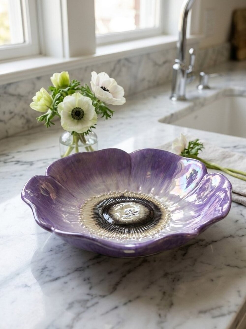 Vintage Anemone Lustre Bowl: Mid-Century Iridescent Purple Flower Trinket Dish